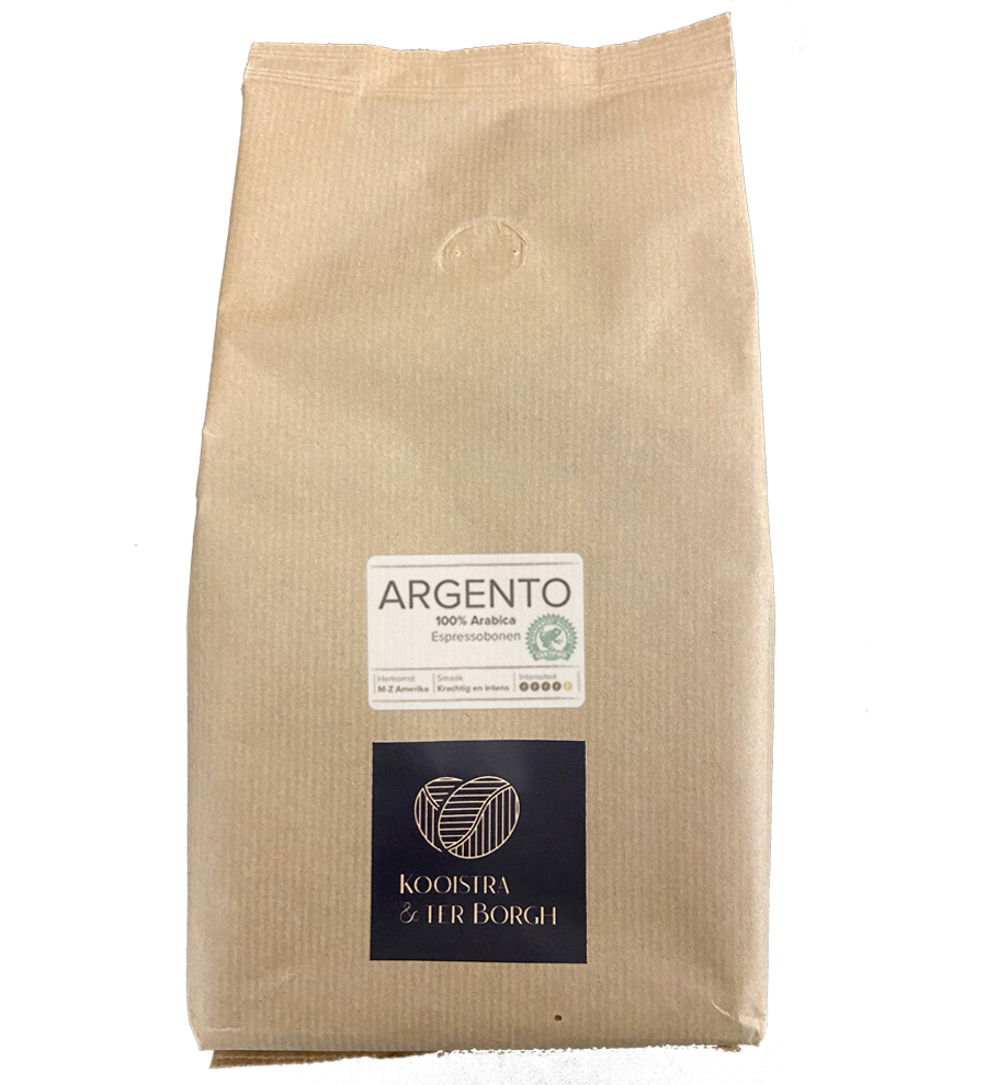 Argento Proefverpakking. De Argento koffieboon is een melange van Arabica en Robusta. De smaak van Arabica bonen is aromatisch zacht met zoete tonen.